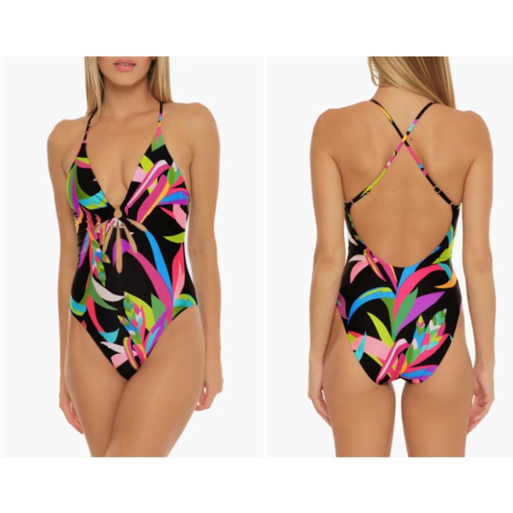 Trina Turk Birds of Paradise O-Ring One-Piece Plunge Black Floral Swimsuit Sz 10